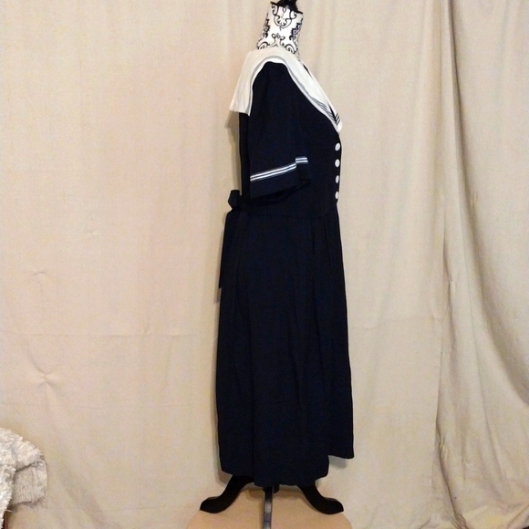 Vintage 80's 90's J.B.S. LTD Navy Blue Sailor Inspired Midi Dress USA Made - Picture 4 of 14